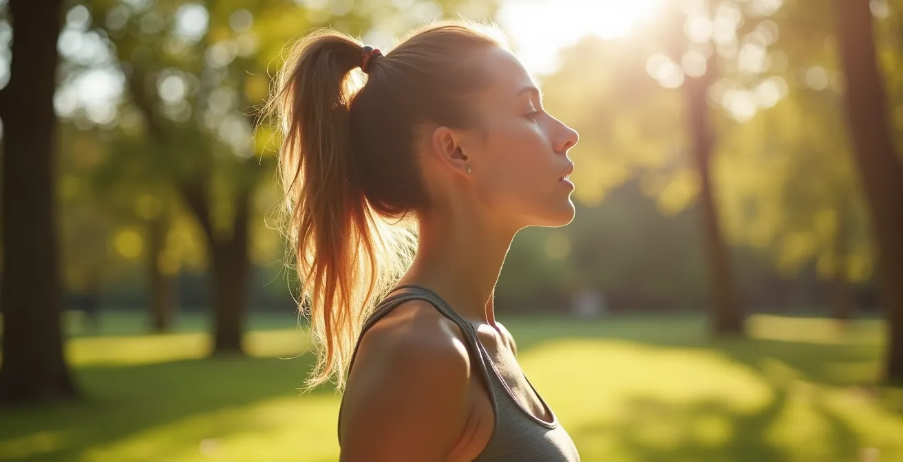 Personne respirant profondément dans un environnement naturel avec mise en évidence des poumons