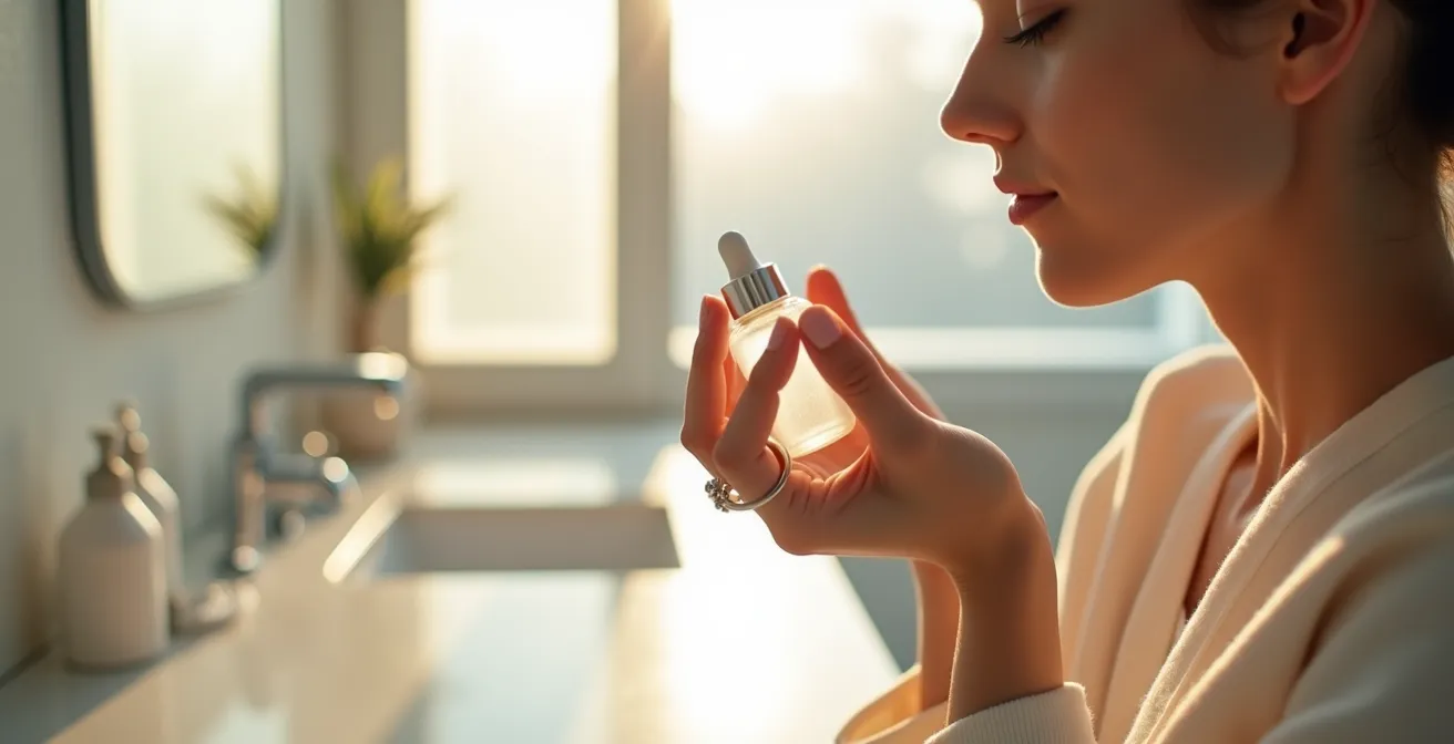 Gros plan sur l'application d'un sérum sur le visage avec technique de massage