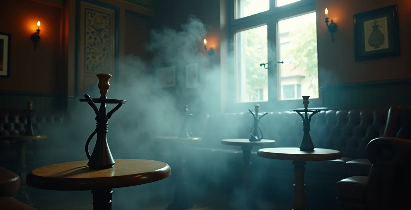 Intérieur enfumé d'un bar à chicha montrant l'accumulation dangereuse de fumée