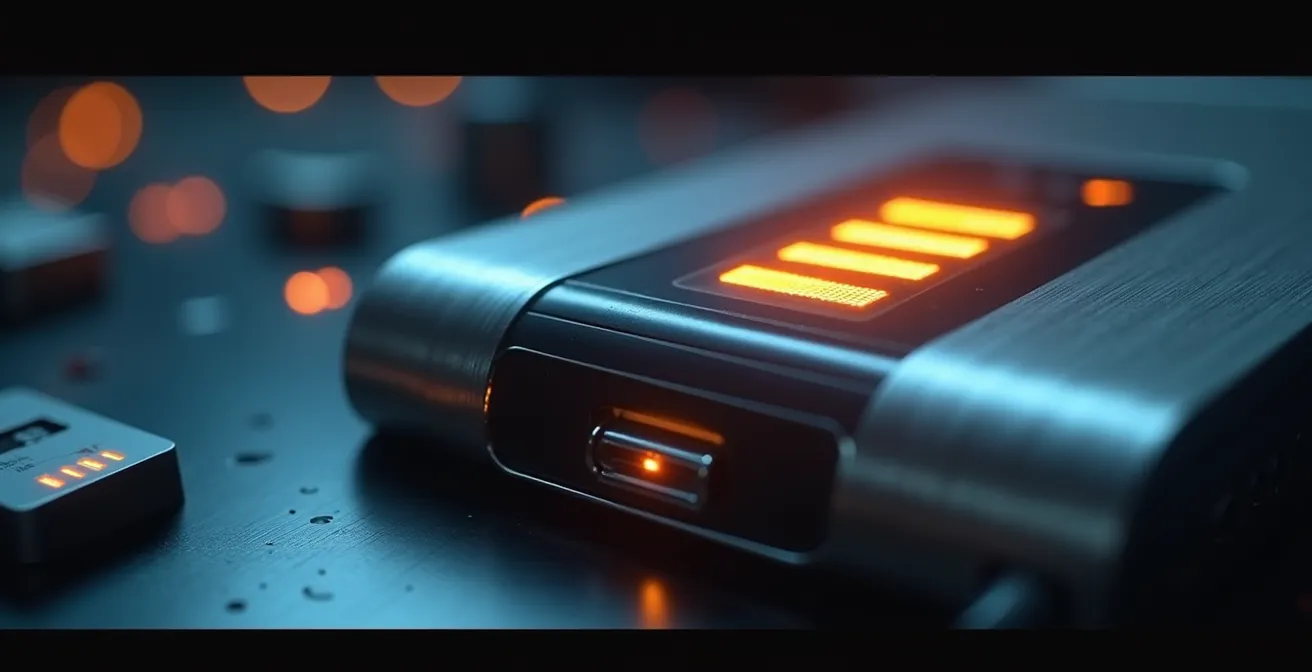 Gros plan sur l'écran digital d'une tête électronique affichant le niveau de batterie et la durée de session