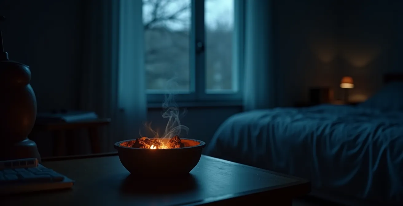 Scène nocturne montrant les dangers d'incendie liés aux cigarettes mal éteintes