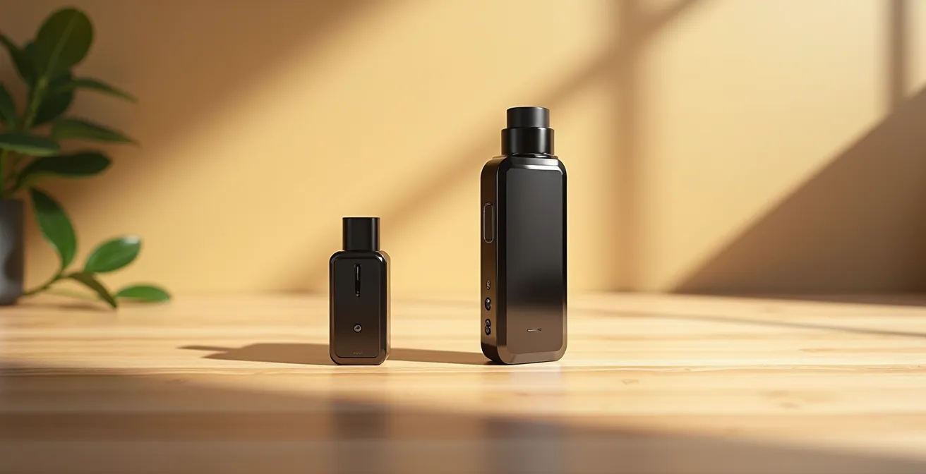 Deux types de cigarettes électroniques posées sur une table, montrant la différence de taille