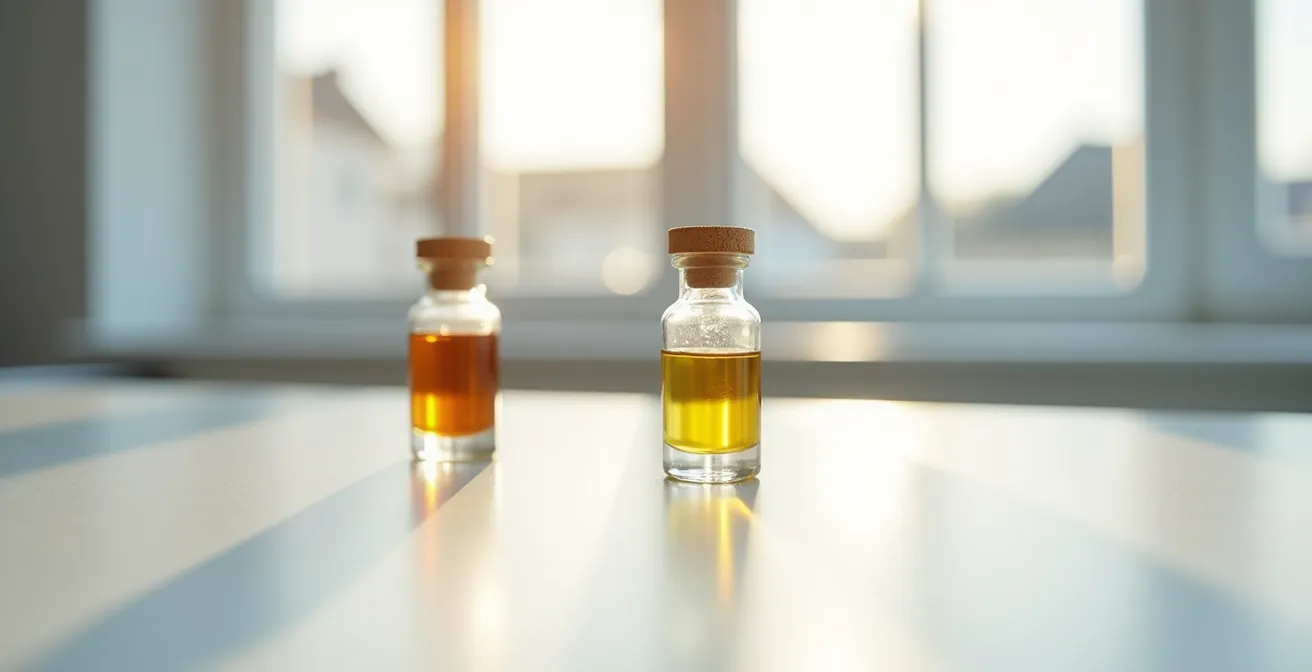 Fioles d'huiles concentrées avec étiquettes floues montrant différentes concentrations, ambiance laboratoire français