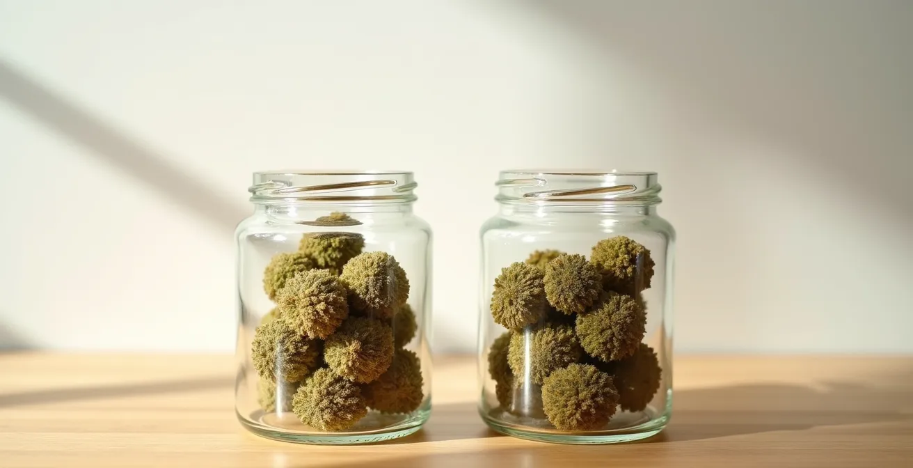 Comparaison visuelle de deux bocaux avec sachets régulateurs à différents taux d'humidité