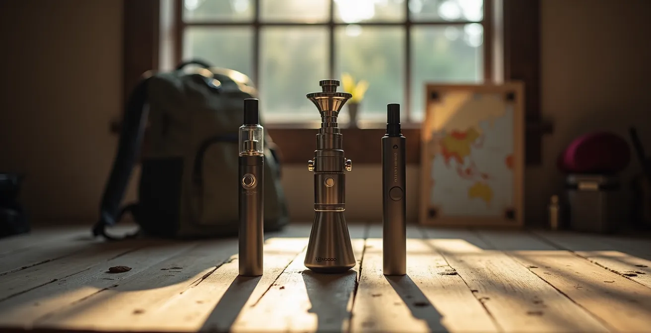 Dispositifs de vapotage modernes disposés sur une table en bois naturel