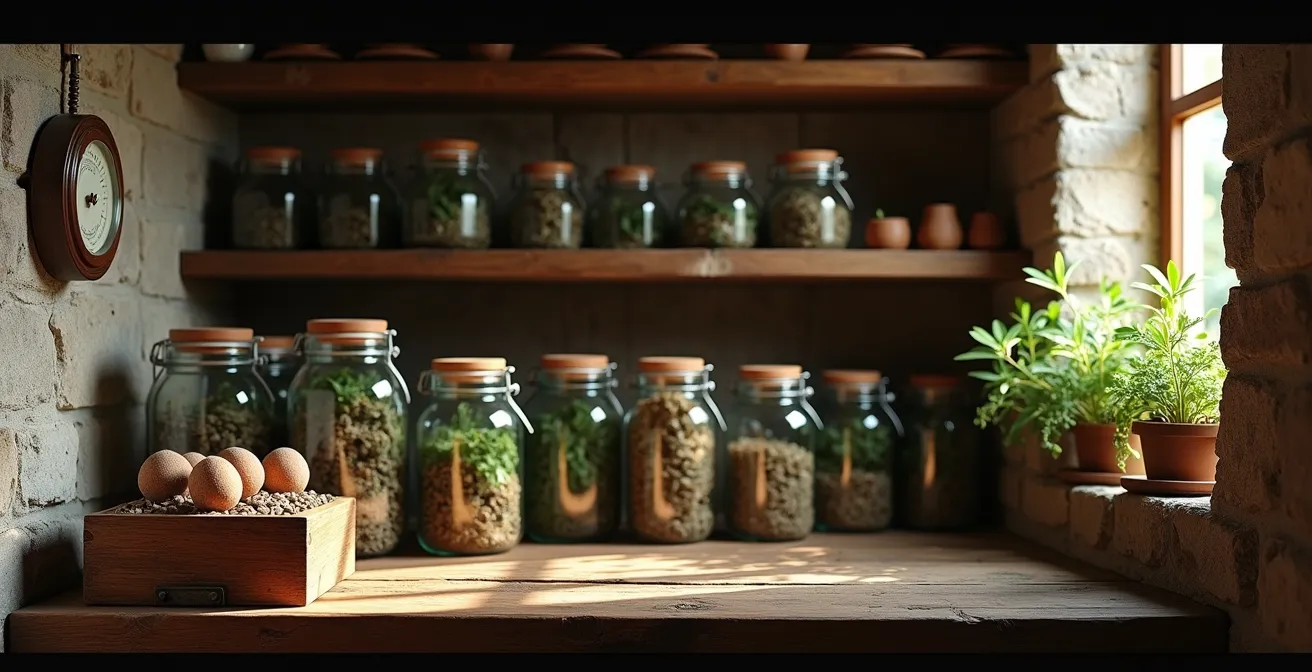 Ambiance de cave avec bocaux de conservation et hygromètre vintage