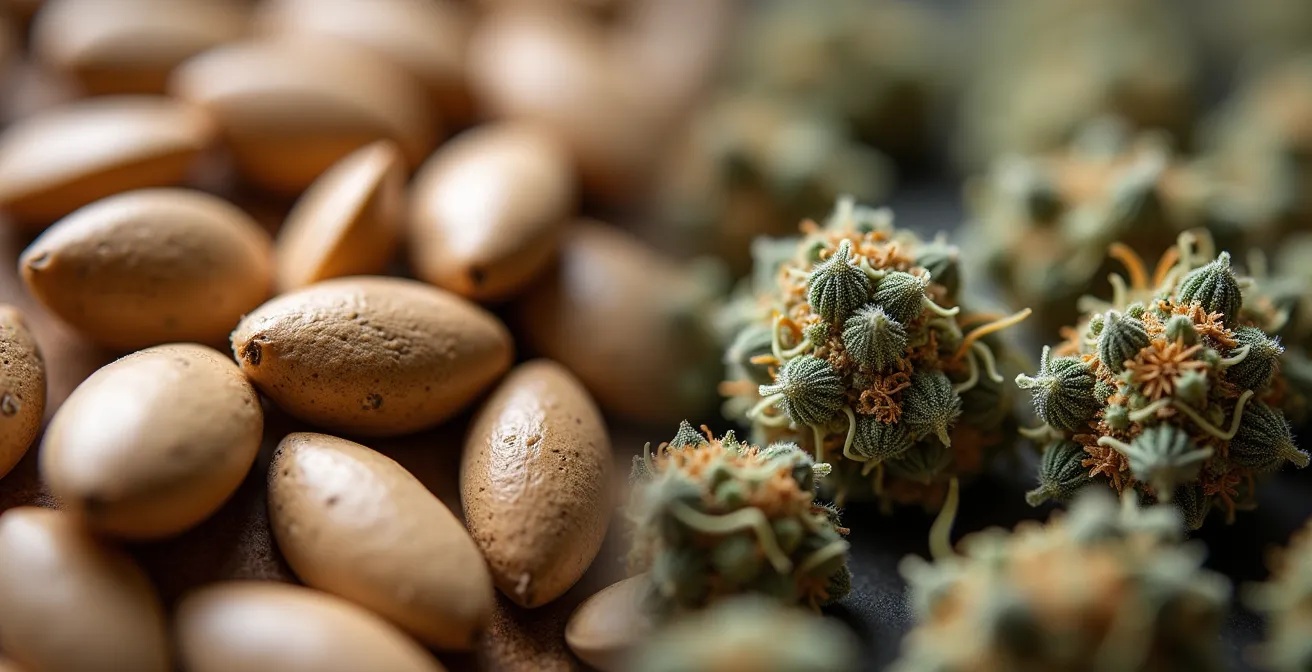 Graines de chanvre à côté de fleurs de cannabis séchées, composition macro montrant les textures différentes
