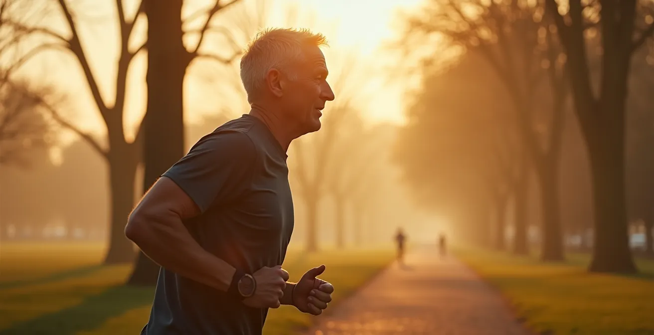 Personne faisant du jogging dans un parc français, vue de profil montrant une respiration profonde et contrôlée