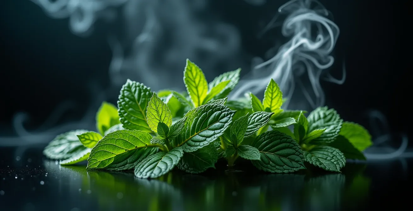 Composition artistique de feuilles de menthe fraîche avec vapeur