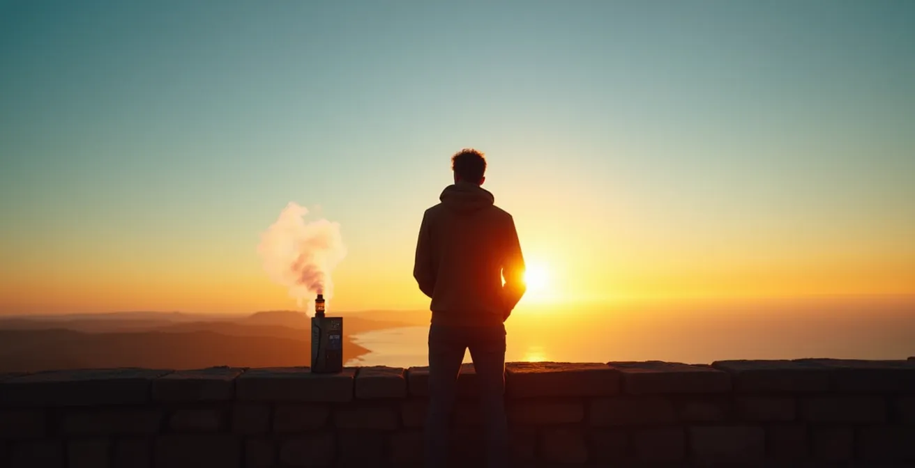 Plan large d'une personne debout face à un horizon dégagé au lever du soleil, cigarette électronique posée sur un muret