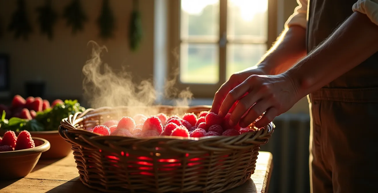 Feuilles de framboisier en cours de fermentation dans un panier tressé traditionnel français avec vapeur visible