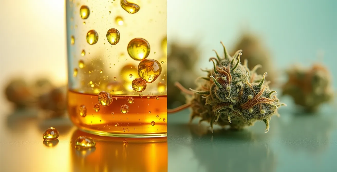 Comparaison visuelle entre huile de cannabis médical et fleurs séchées pour vaporisation