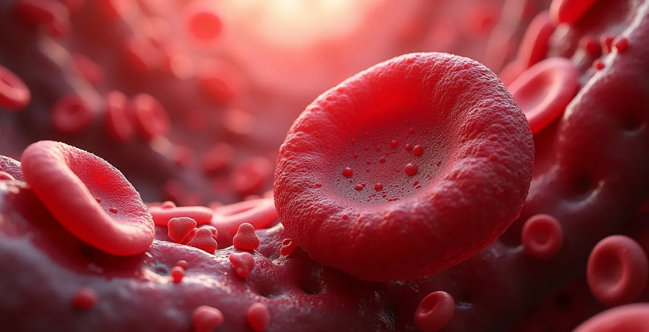 Vue macro de globules rouges circulant dans un vaisseau sanguin avec des molécules d'oxygène
