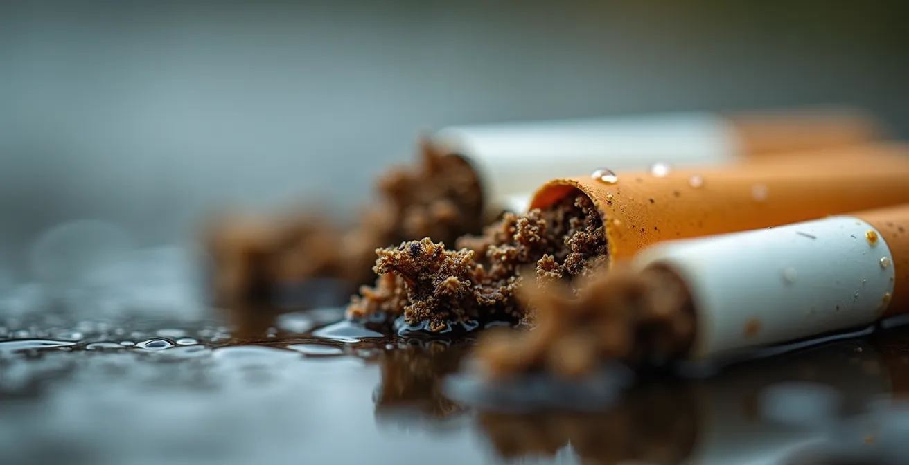 Macro photographique de mégots de cigarettes près d'un cours d'eau avec effet de pollution visible
