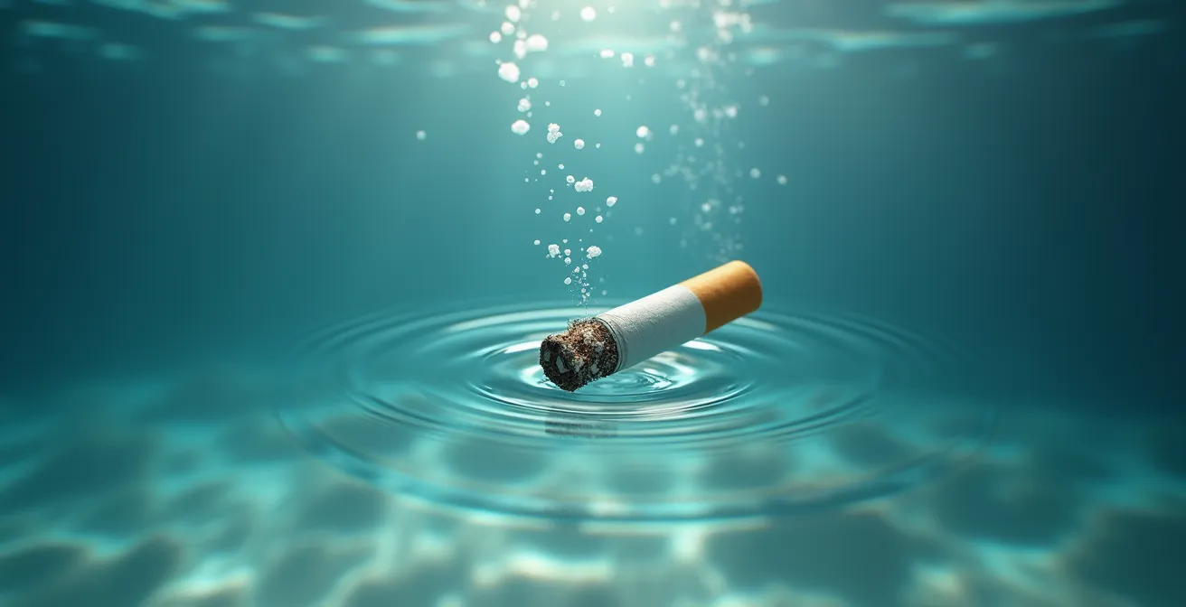 Impact environnemental d'un mégot de cigarette flottant dans l'eau, symbolisant la pollution aquatique.