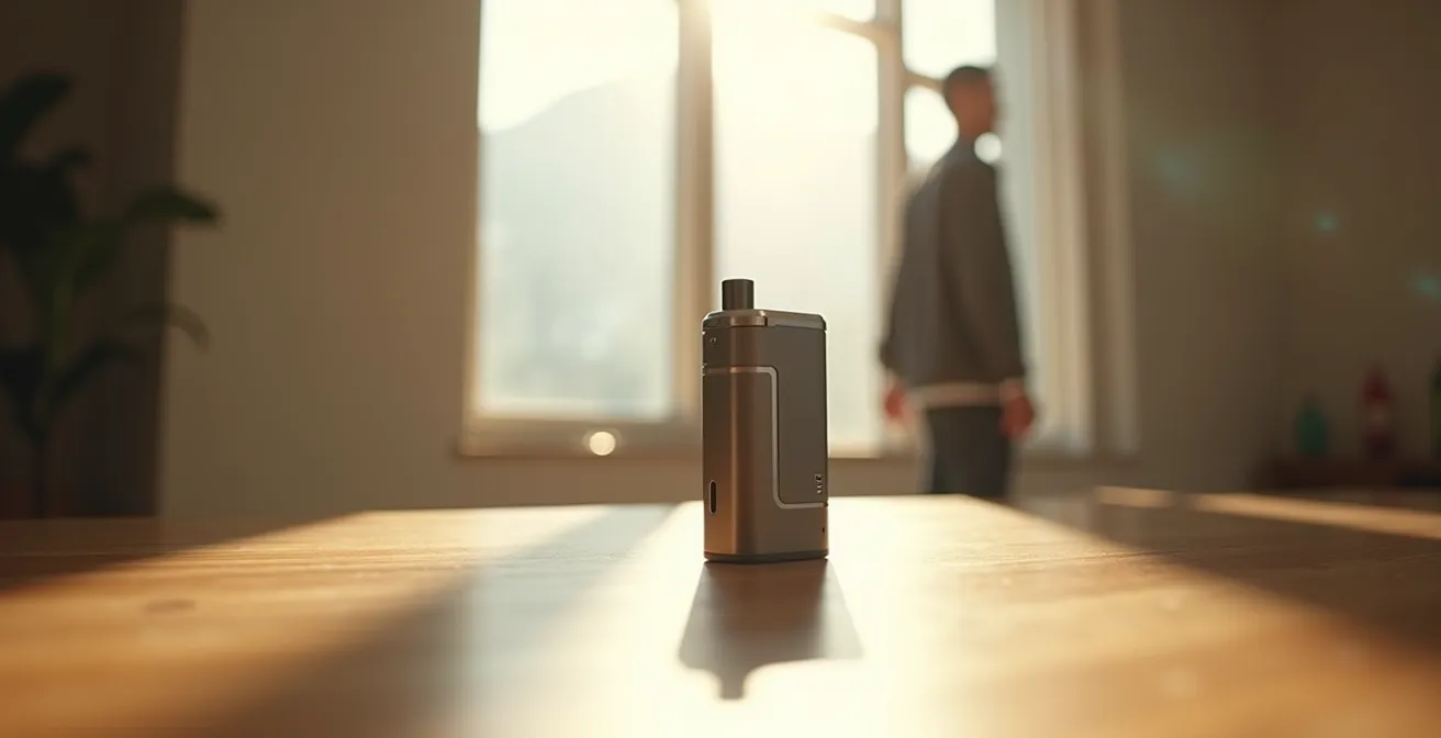 Personne contemplant une cigarette électronique posée sur une table avec lumière naturelle douce