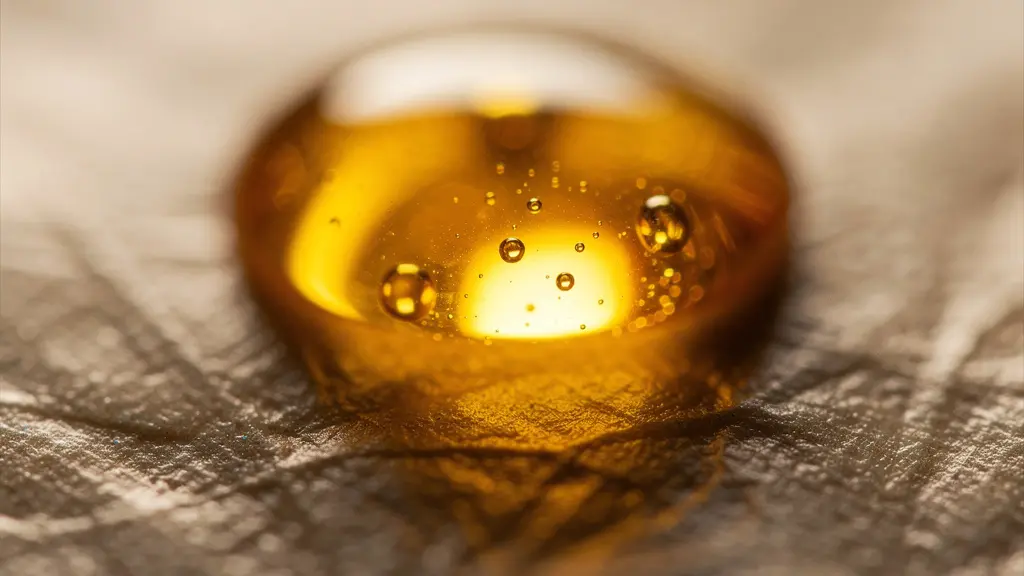 Vue macroscopique abstraite d'une goutte d'huile dorée évoquant la pureté et la chimie naturelle.