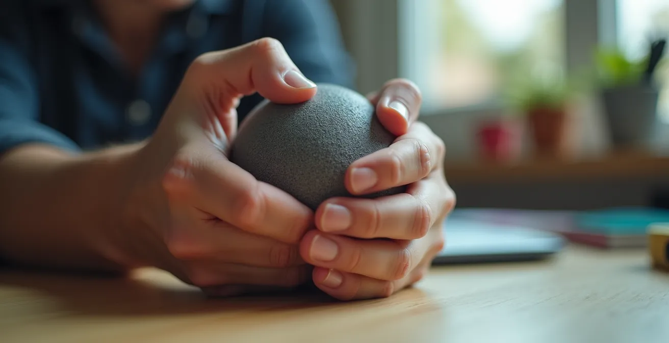 Gros plan de mains manipulant une balle anti-stress texturée pour gérer une envie de fumer