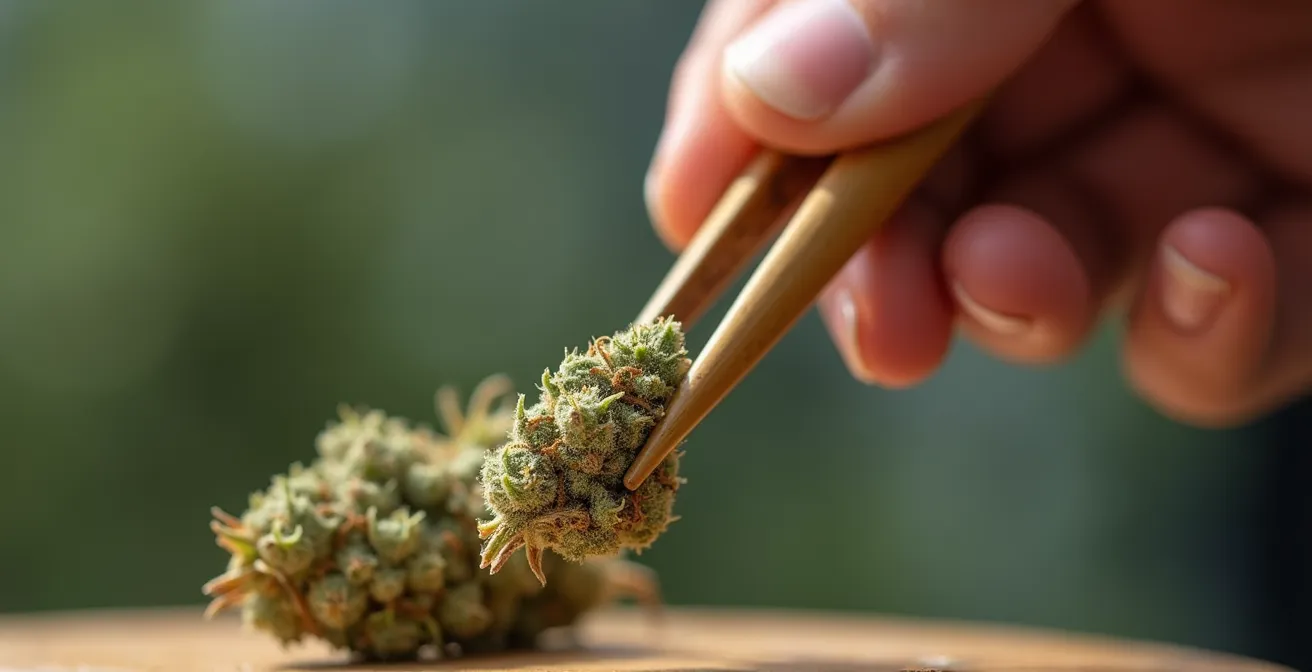 Gros plan sur une pince en bambou manipulant délicatement une fleur de CBD