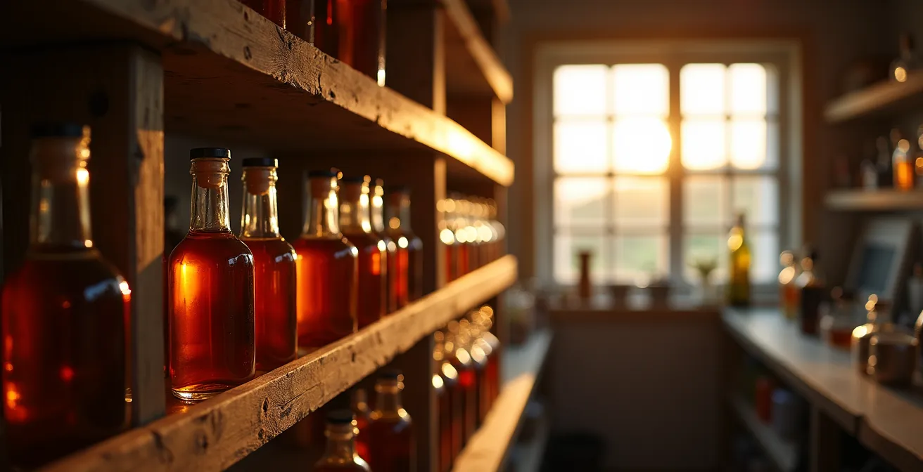 Flacons de e-liquide en maturation dans un environnement sombre et contrôlé