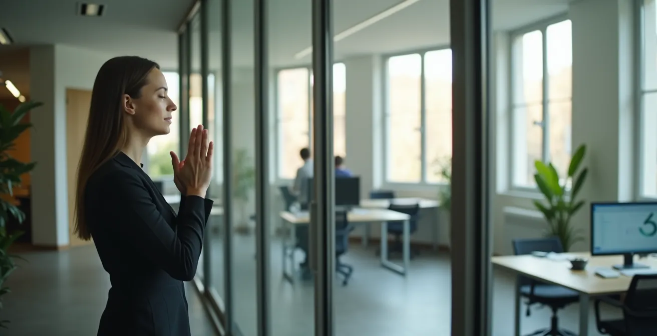 Personne pratiquant discrètement la respiration dans un bureau français