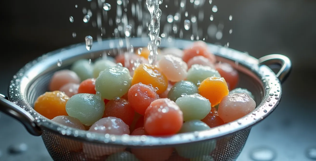 Pierres à chicha en cours de rinçage dans une passoire avec eau claire coulant dessus