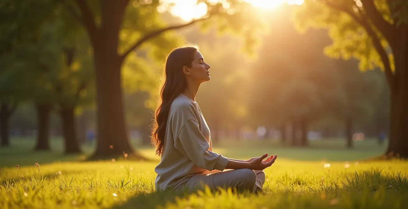 Personne en position de méditation dans un environnement naturel apaisant