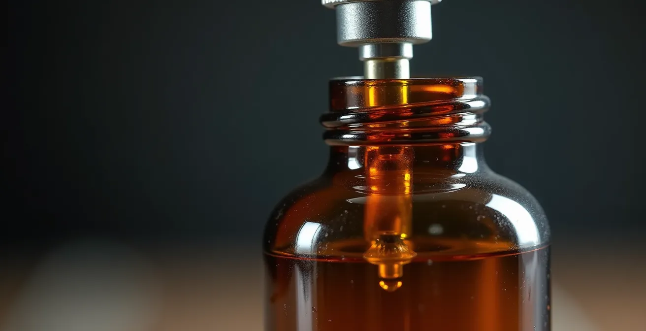 Système de pompe à vide type Vacu Vin appliqué sur un flacon d'huile de CBD