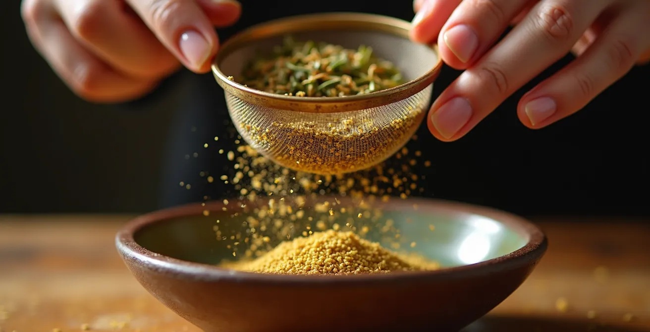 Mains expertes tamisant des feuilles d'euphraise séchées au-dessus d'un récipient en céramique artisanale