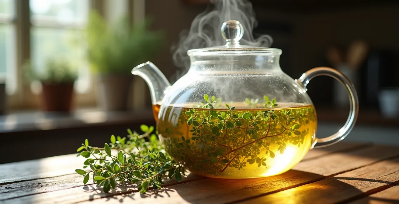 Préparation d'une infusion de thym dans une théière en verre avec des branches de thym frais