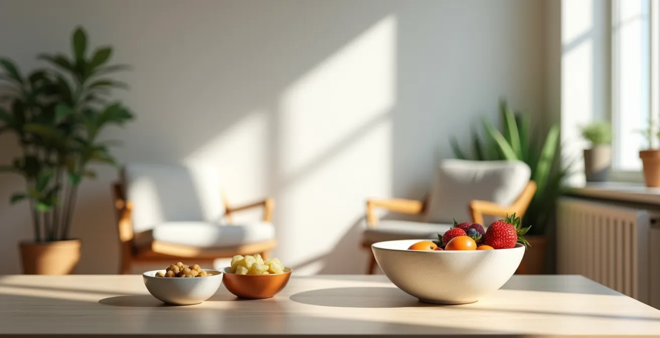 Vue d'un salon moderne et épuré, réorganisé pour créer une ambiance sereine sans rappels visuels au tabac.