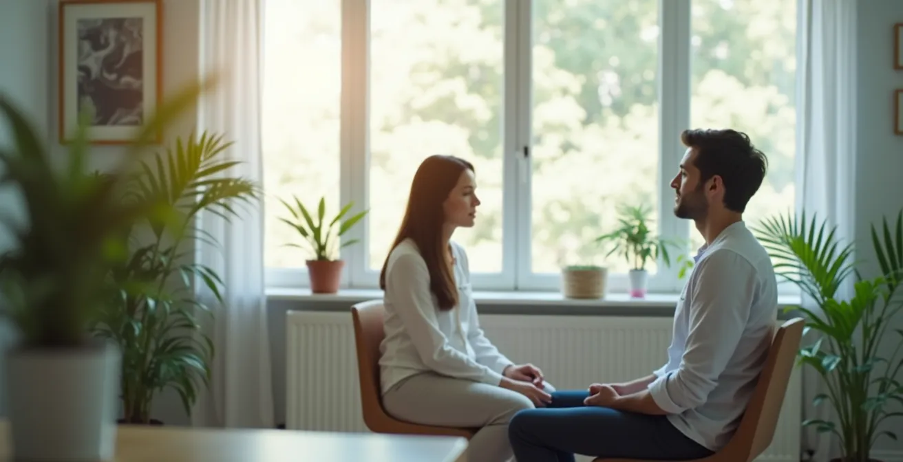 Vue environnementale d'une séance d'hypnose thérapeutique dans un cabinet médical