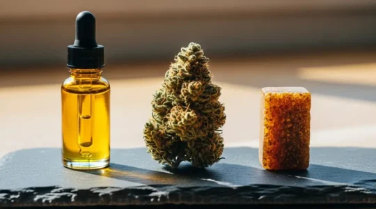 Composition artistique mettant en scène trois formes de CBD : une fiole d'huile ambrée, une fleur de chanvre séchée et un morceau de résine, disposés sur une surface naturelle avec un éclairage doux.