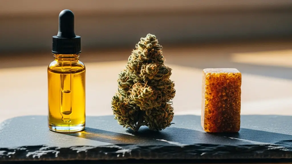 Composition artistique mettant en scène trois formes de CBD : une fiole d'huile ambrée, une fleur de chanvre séchée et un morceau de résine, disposés sur une surface naturelle avec un éclairage doux.