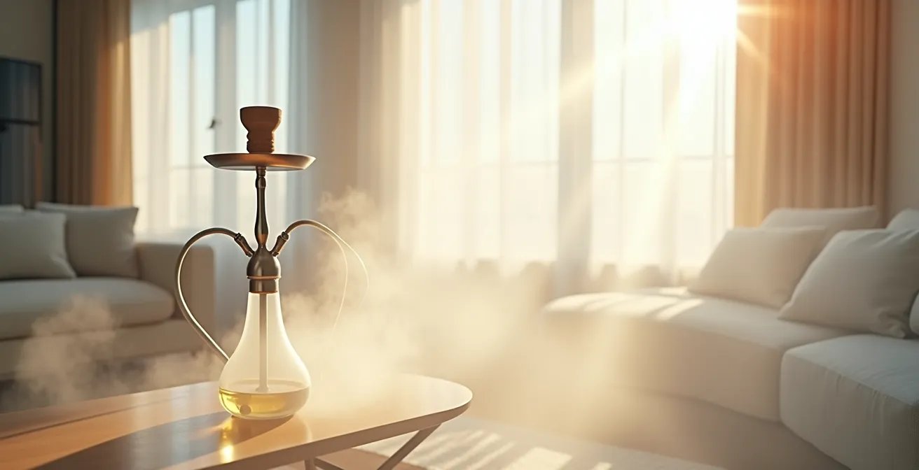 Ambiance chaleureuse d'une session chicha avec une épaisse vapeur blanche