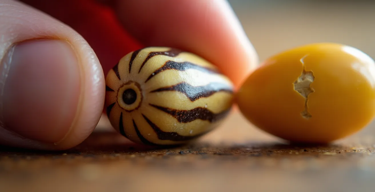 Vue macro d'un test de pression sur une graine montrant la résistance de l'enveloppe