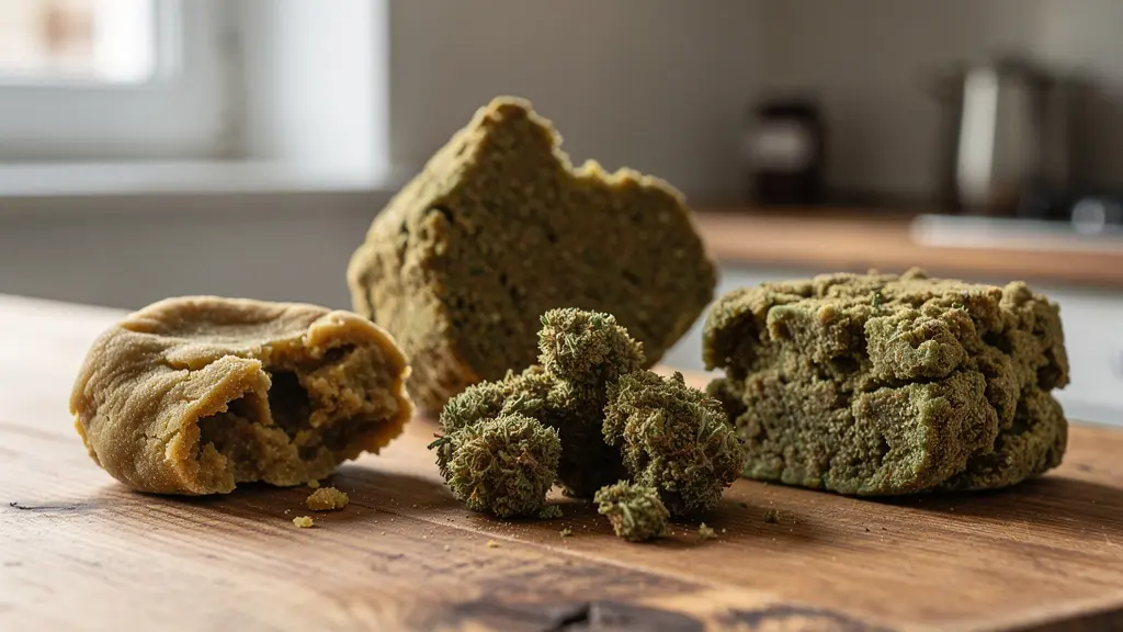 Morceaux de résine CBD aux textures variées posés sur surface en bois naturel