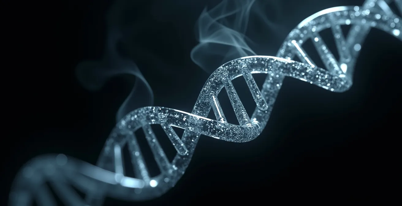 Représentation abstraite de l'ADN et molécules de nicotine en interaction