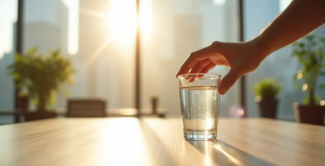 Main tenant un verre d'eau cristalline dans un environnement de bureau épuré et lumineux